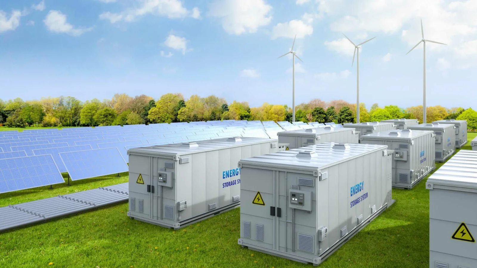 Batteriespeicher-Container mit Solarfeld und Windrädern